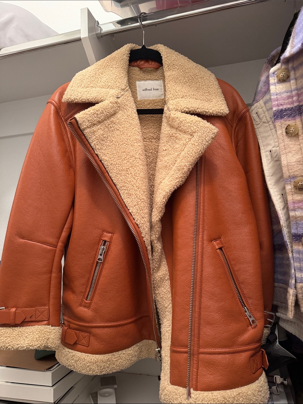 Wilfred Rust Brown Faux Leather Shearling Jacket with Cream Sherpa Lining